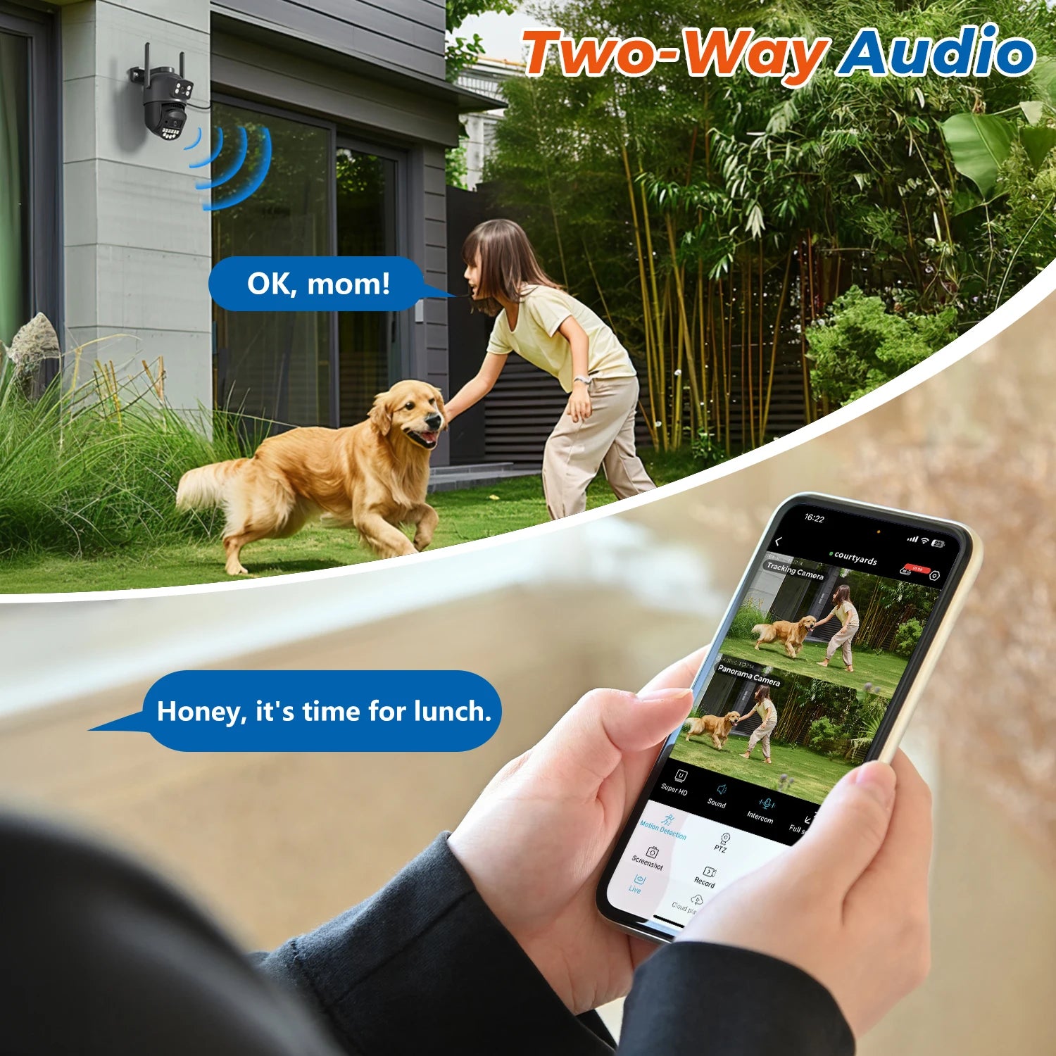 Person using a smartphone app with two-way audio feature, showing a dog and child outside.