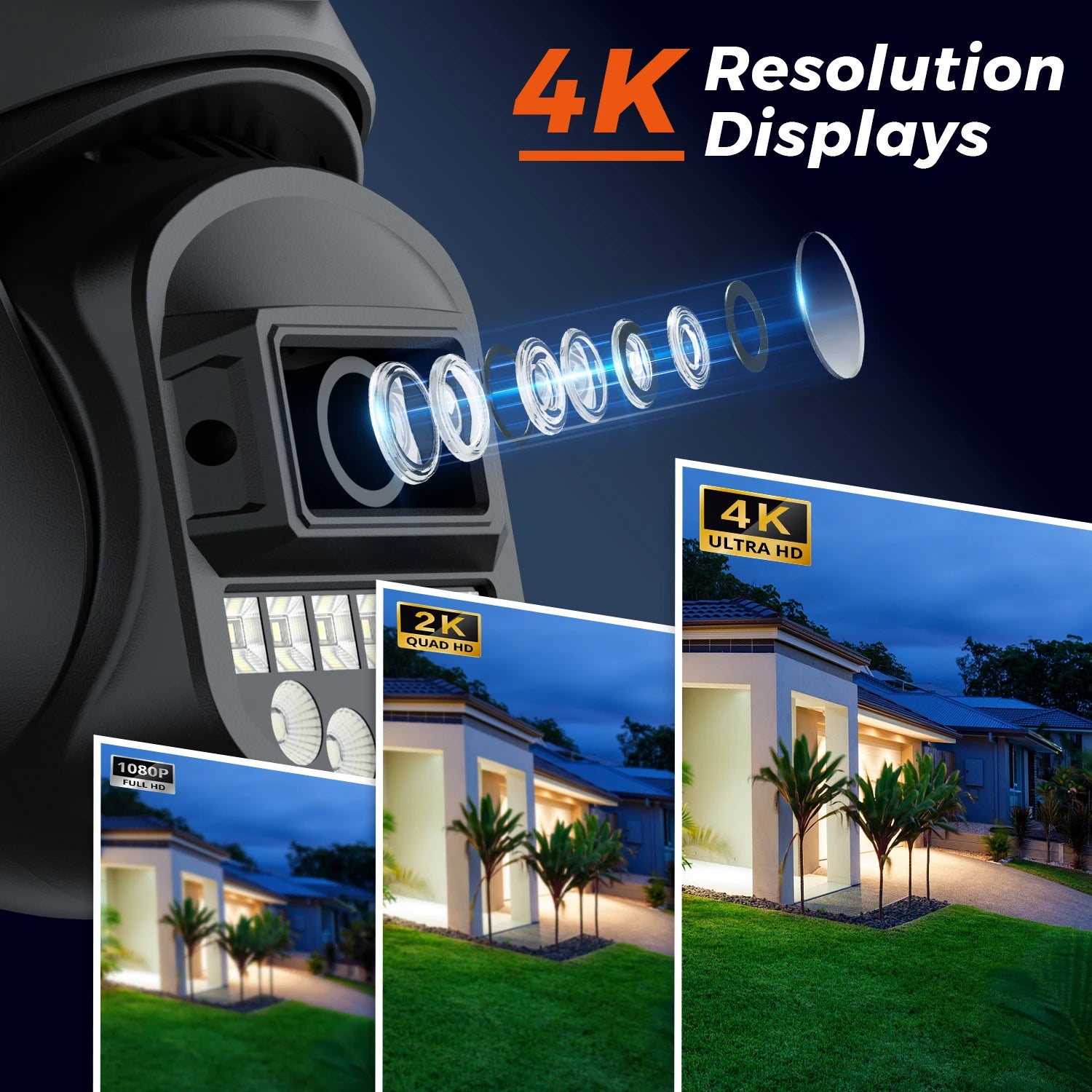 Security camera with 4K resolution display feature, showing night vision and outdoor home security footage.